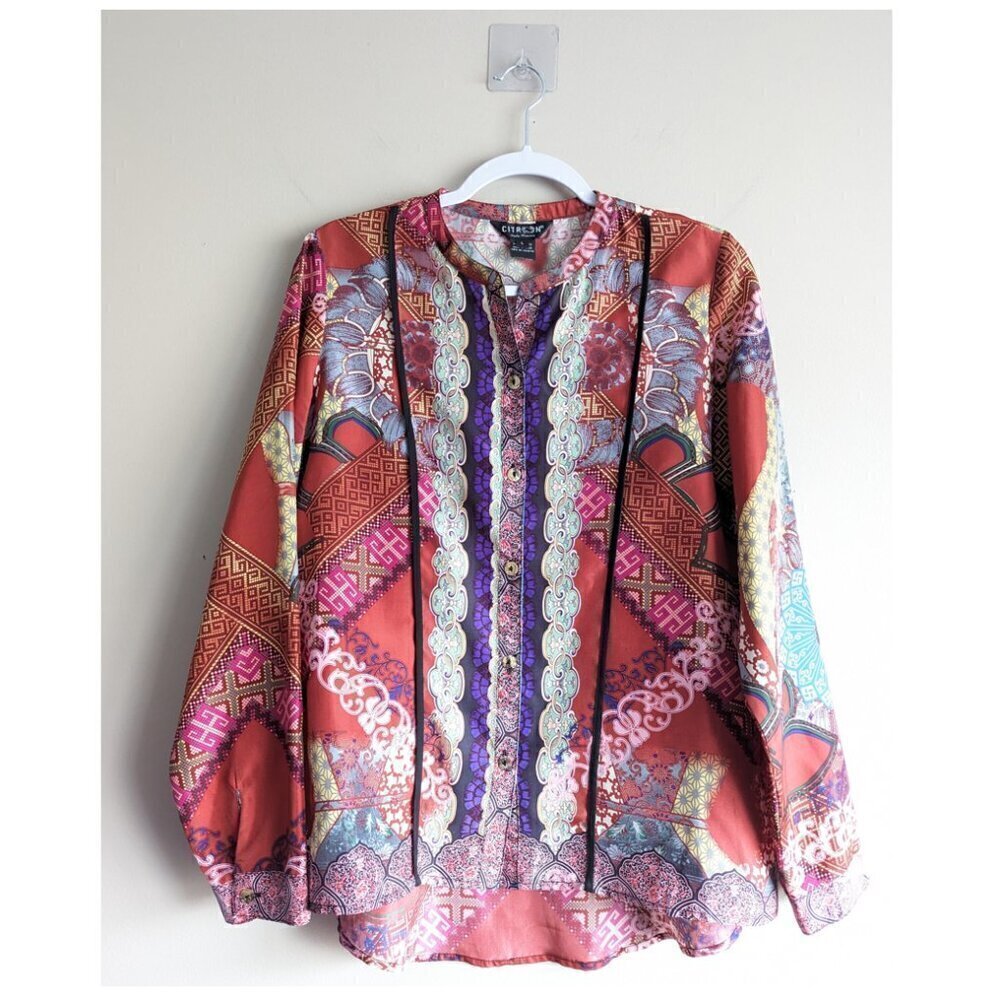 Citron silk multi print button up blouse